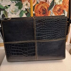 Vintage Black Mixed Paneled Patchwork Croc-Embossed Shoulder Bag